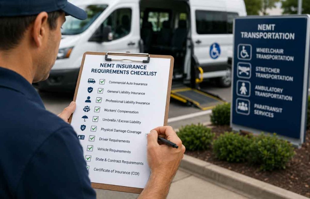 Transportation professional reviewing an NEMT insurance requirements checklist beside a wheelchair-accessible non-emergency medical transportation van.